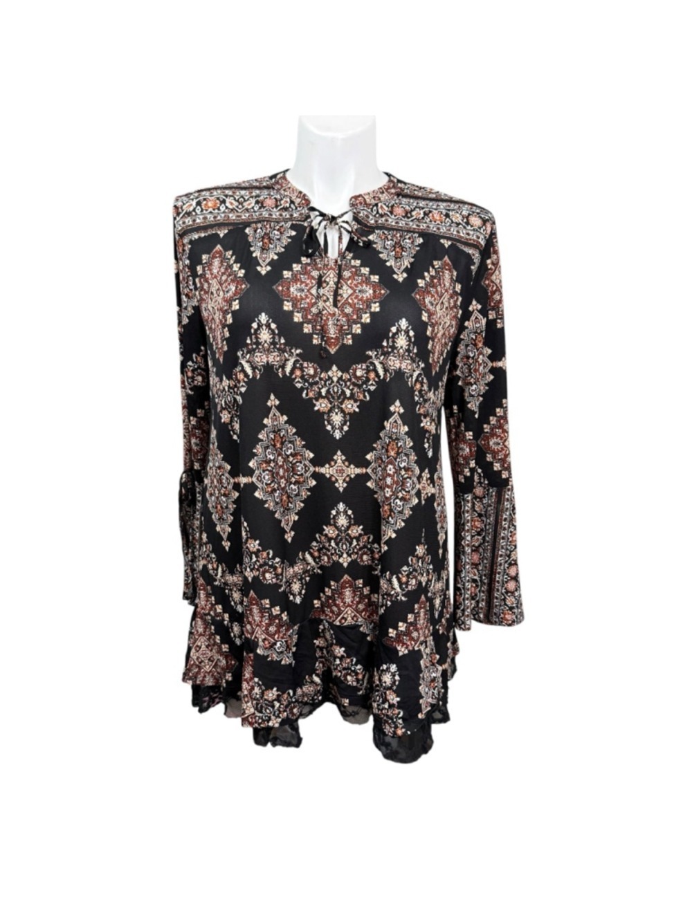 Style & Co Boho Print Tunic Top Split Sleeve Lace Hem XL